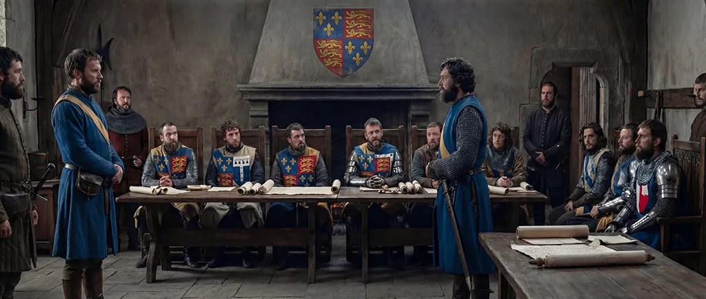 Medieval court scene with armored knights and clerks seated around a long table covered in scrolls, as two men in blue surcoats face each other beneath a large royal coat of arms above the hearth