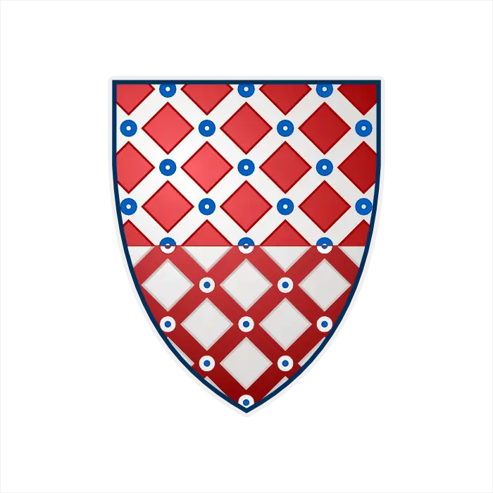 Heraldic shield per fess fusilly argent and gules with azure roundels