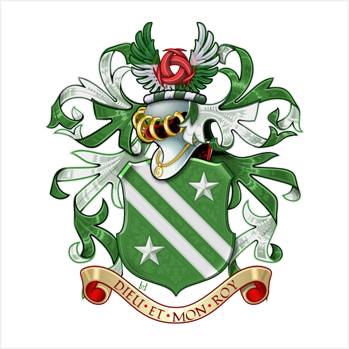 Vert shield with bend argent and mullets, winged rose crest, motto Dieu Et Mon Roy