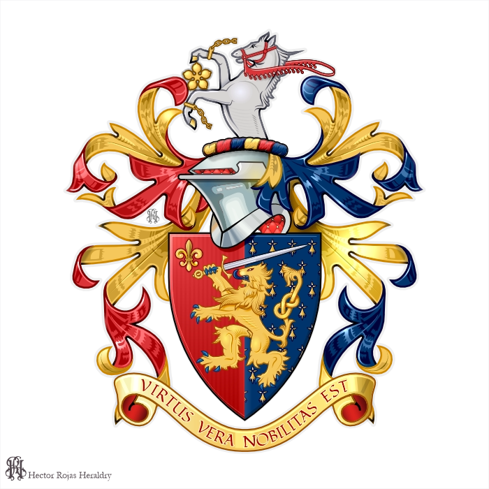 Party per pale shield with lion holding sword and fleurs-de-lis, pegasus crest