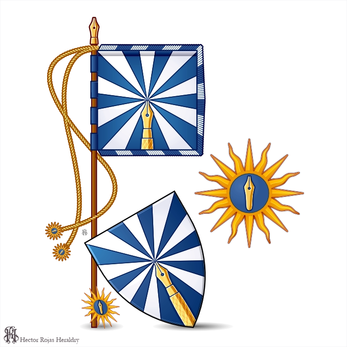 Heraldic banner and shield gyronny azure and argent with fountain pen, sun badge