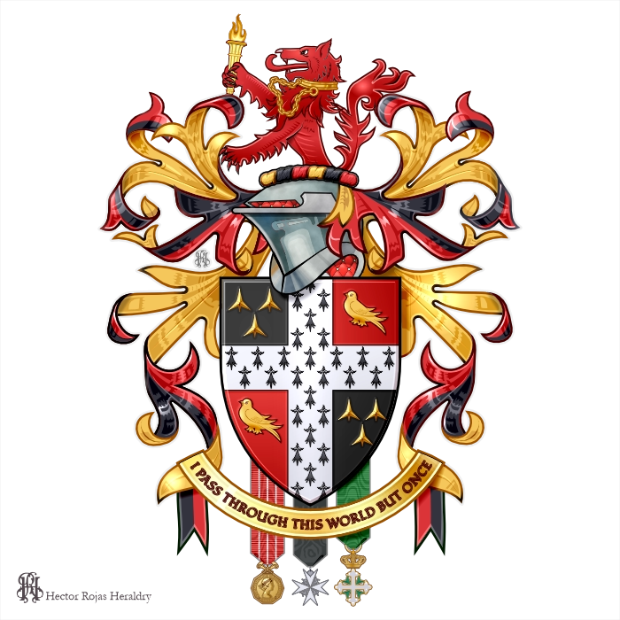 Quarterly shield with ermine and gold doves, lion crest with torch, motto I Pass Through This World But Once