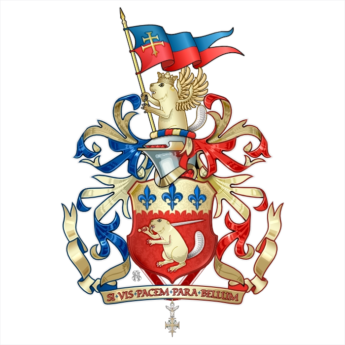 Gules shield with fleurs-de-lis and beaver, winged pegasus crest, motto Si Vis Pacem Para Bellum