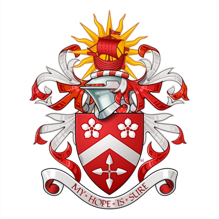 Gules shield with chevron and cinquefoils, sailing ship crest on sun, motto My Hope Is Sure