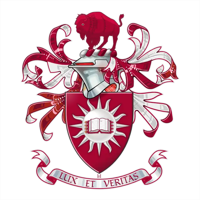 Coat of arms with gules shield bearing sun and open book, bison crest, motto Lux Et Veritas