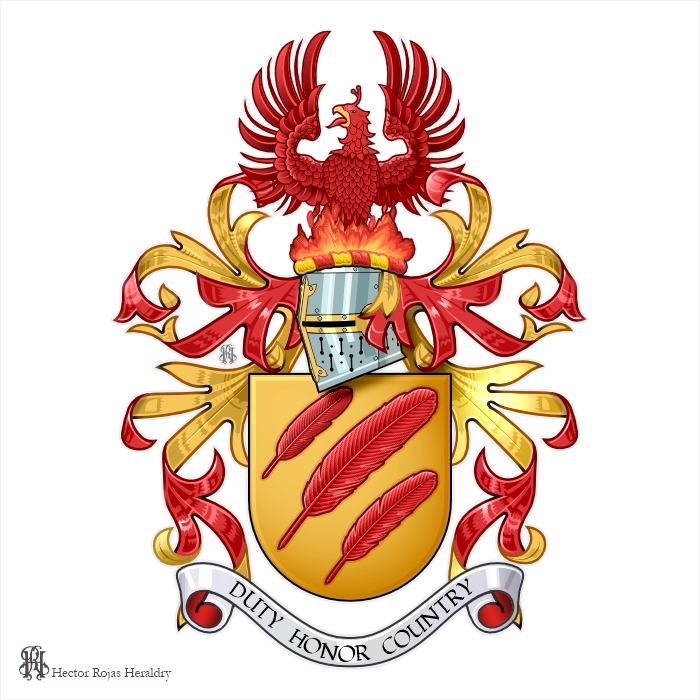 Or shield with three gules feathers bendwise, phoenix crest rising from flames, motto Duty Honor Country