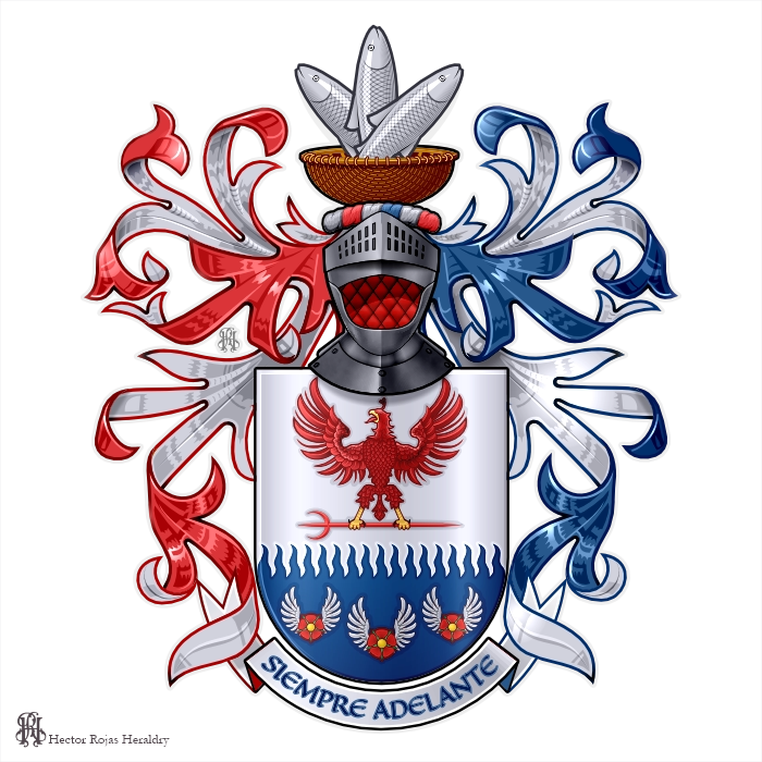 Argent and azure shield with eagle displayed and Tudor roses, basket of fish crest, motto Siempre Adelante