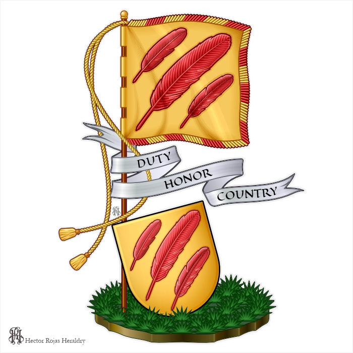Heraldic banner and shield Or with three gules feathers bendwise, motto Duty Honor Country