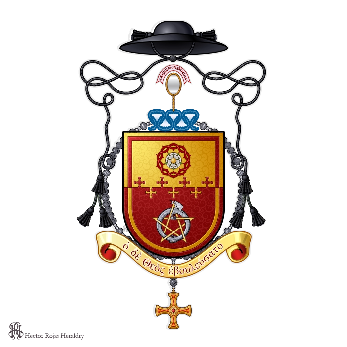 Ecclesiastical arms with galero, Or and gules shield with rose and serpent, Greek motto