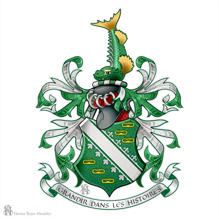 Vert shield with bend argent and Stafford knots, dolphin crest, motto Grandir Dans Les Histoires