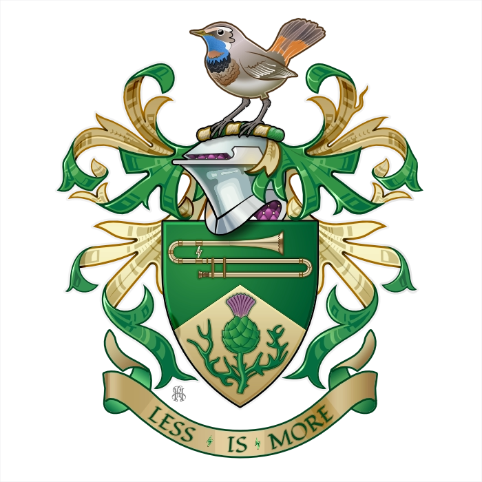 Vert shield with trombone and thistle, bluethroat bird crest, motto Less Is More